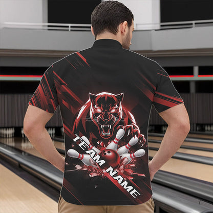 Custom Black And Red Panther Bowling Quarter-Zip Shirts For Men, Bowling Team Uniform IPHW8564