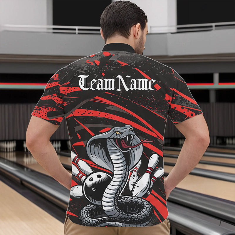 Custom Black And Red Cobra Snake Bowling Team Quarter-Zip Shirts For Men, Bowling League Shirts IPHW8565