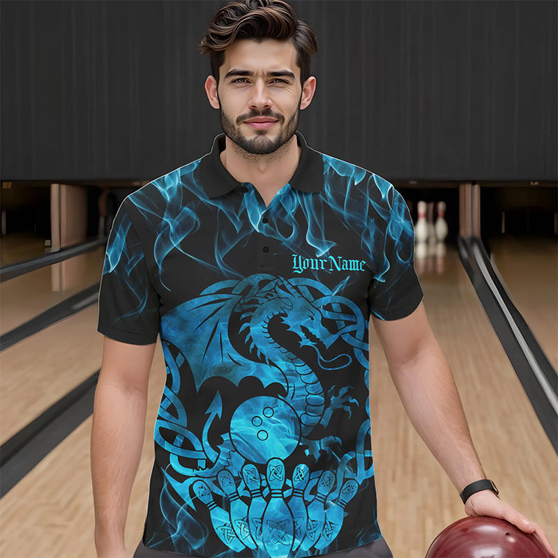 Custom Blue Fire Flame Viking Dragon Bowling Polo Team Shirts For Men, Celtic Bowling Shirt IPHW8874