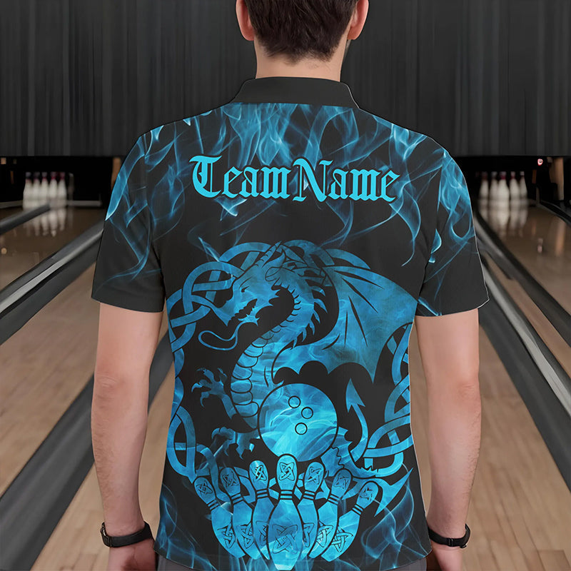 Custom Blue Fire Flame Viking Dragon Bowling Polo Team Shirts For Men, Celtic Bowling Shirt IPHW8874