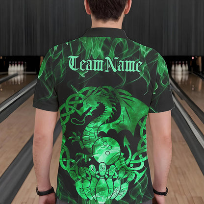 Custom Green Fire Flame Viking Dragon Bowling Men Polo Team Shirts, Celtic Bowling Shirts IPHW8875