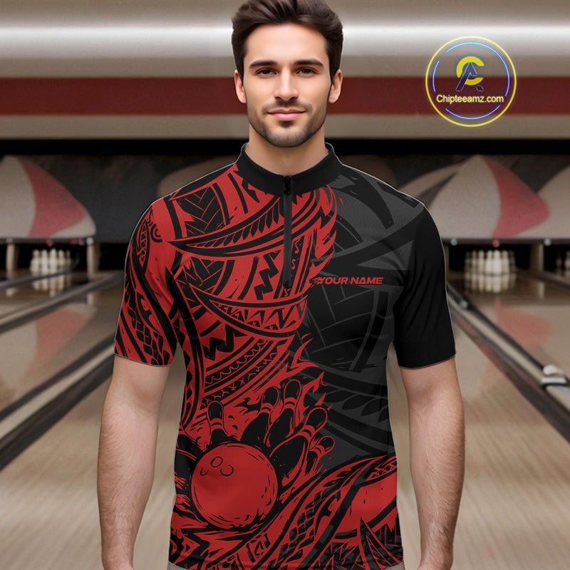 Custom Black And Red Maori Style Koru Spiral Tribal Men Bowling Quarter-Zip Team Shirt IPHW10956