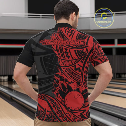 Custom Black And Red Maori Style Koru Spiral Tribal Men Bowling Quarter-Zip Team Shirt IPHW10956