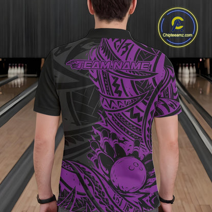 Custom Black And Purple Maori Style Koru Spiral Tribal Men Bowling Polo Team Shirt IPHW10959