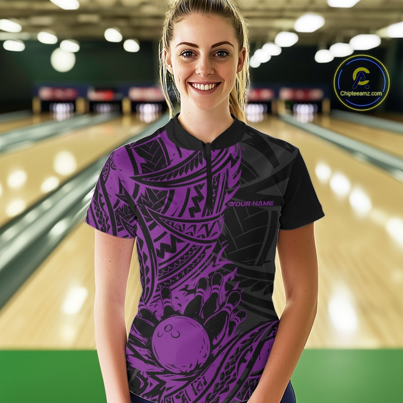 Custom Black And Purple Maori Style Koru Spiral Tribal Women Bowling Quarter-Zip Shirt IPHW10959