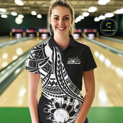 Woman wearing a black and white tribal patterned bowling shirt in a bowling alley.