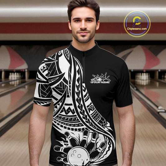 Custom Black And White Maori Style Koru Spiral Tribal Men Bowling Quarter-Zip Team Shirt IPHW10960
