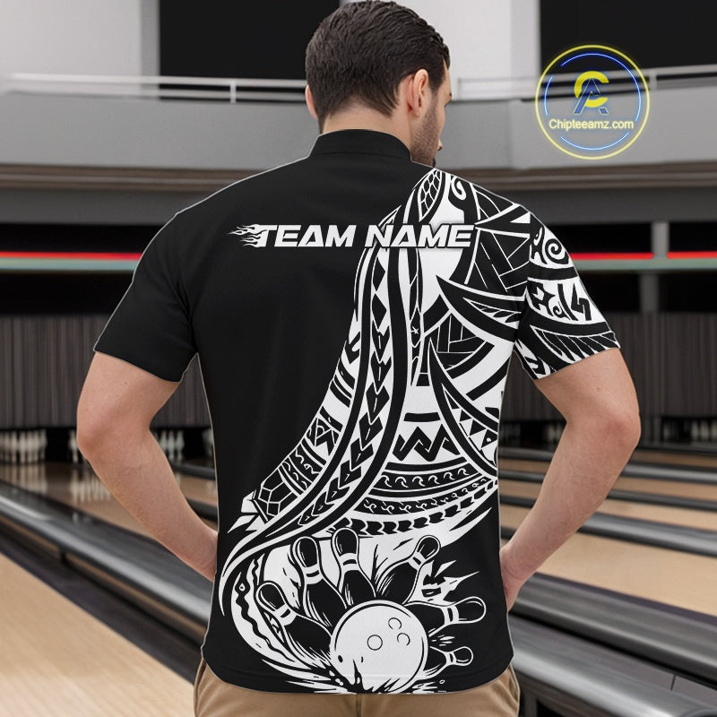 Custom Black And White Maori Style Koru Spiral Tribal Men Bowling Quarter-Zip Team Shirt IPHW10960