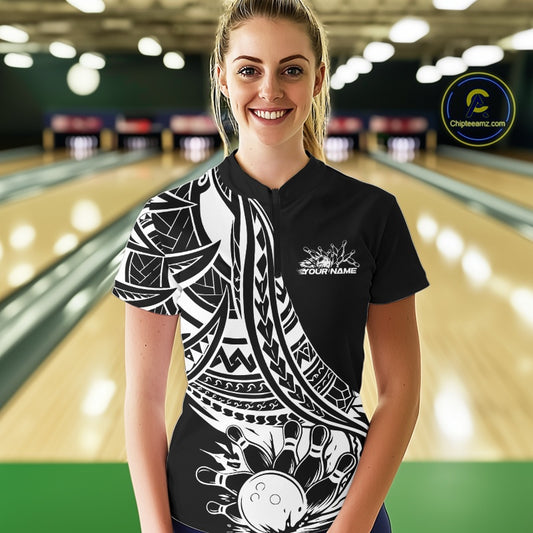 Custom Black And White Maori Style Koru Spiral Tribal Women Bowling Quarter-Zip Shirt IPHW10960