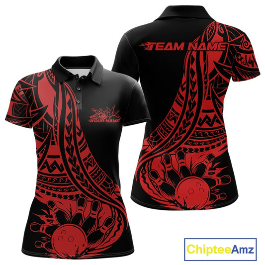 Custom Black And Red Maori Style Koru Spiral Tribal Women Bowling Polo Team Shirt IPHW10961