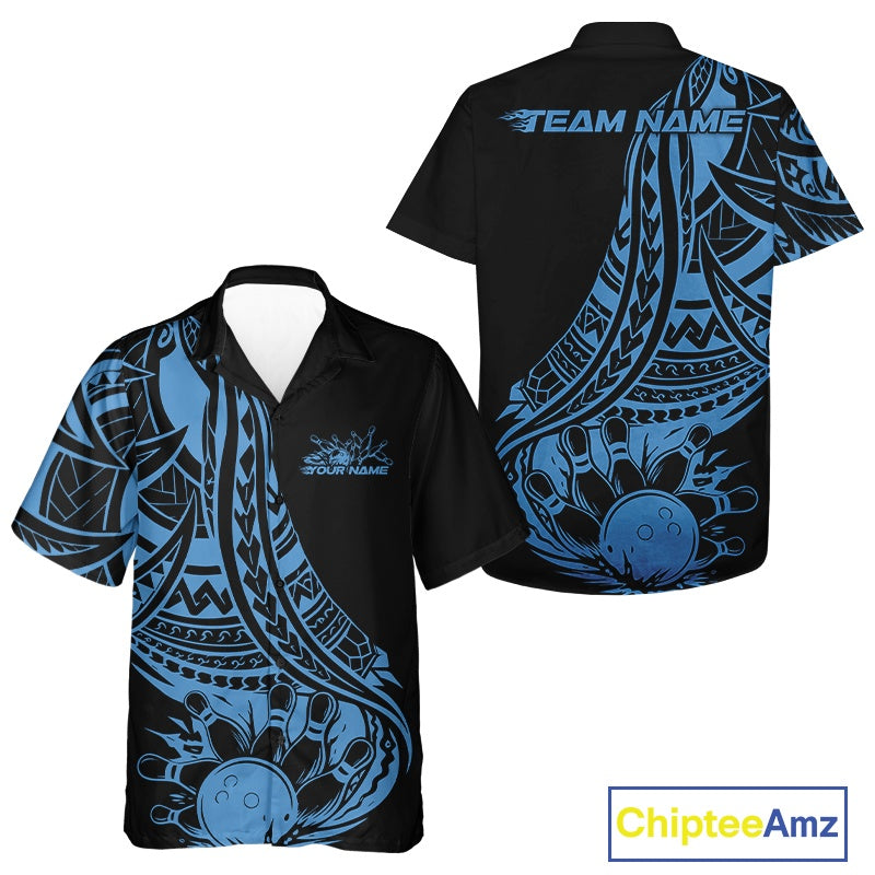 Custom Black And Blue Maori Style Koru Spiral Tribal Men And Women Bowling Hawaiian Team Shirt IPHW10962