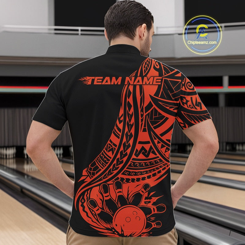 Custom Black And Orange Maori Style Koru Spiral Tribal Men Bowling Quarter-Zip Team Shirt IPHW10964