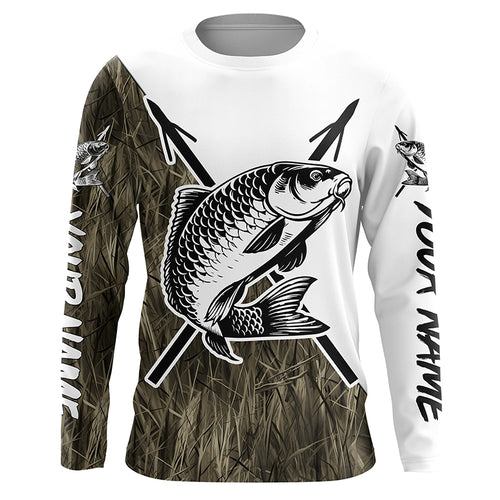 Carp Fish Bowfishing Shirts, Custom Carp Bow Fishing Long Sleeve Tournament Shirts | Grass Camo IPHW6395