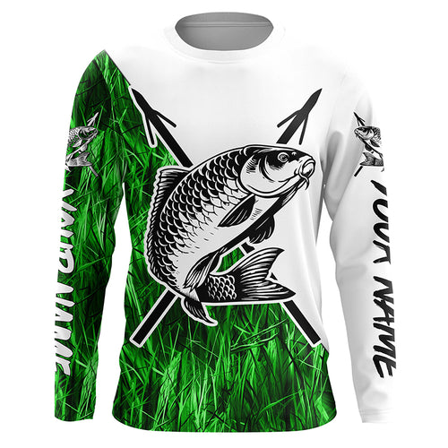 Carp Fish Bowfishing Shirts, Custom Carp Bow Fishing Long Sleeve Tournament Shirts | Green Camo IPHW6397