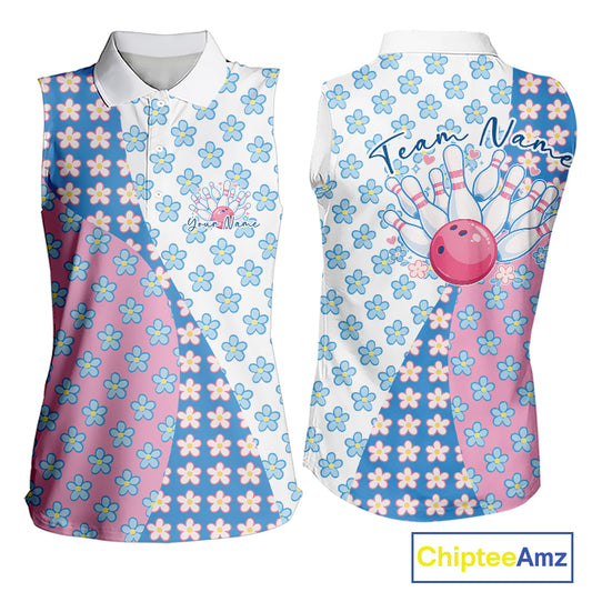 Front and back view of a womens sleeveless shirt mockup featuring a white, blue and pink floral pattern with soft decorative sportswear styling.