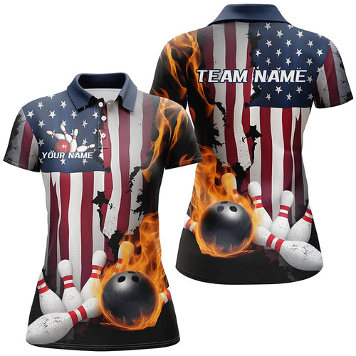 Custom Patriotic Ladies Bowling Team Shirts, US Flag Flame Bowling League Shirt IPHW7726