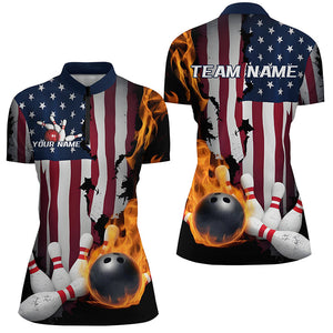 Custom Patriotic Ladies Bowling Team Shirts, US Flag Flame Bowling League Shirt IPHW7726