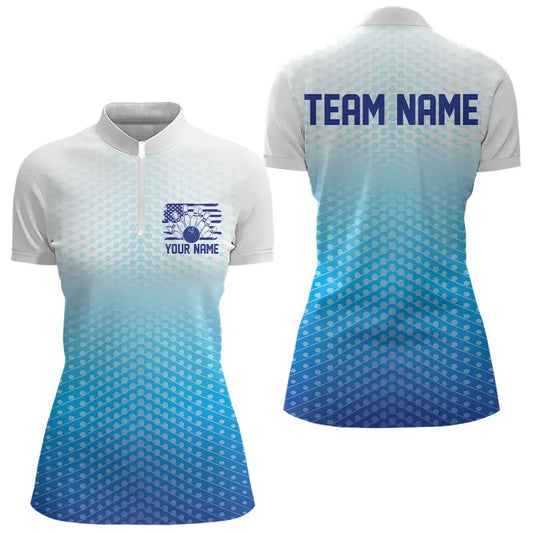 Custom Blue US Bowling Quarter-Zip Shirts For Women, Bowling Team Shirts, Bowling Jeyseys With Name IPHW8142