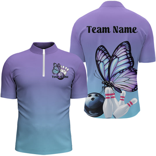 Purple and blue sports shirt with butterfly design and customizable text on a white background