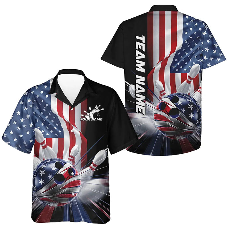 Custom US Flag Bowling League Shirts, Patriotic Bowling Team Hawaiian Shirts For Men And Women IPHW8384
