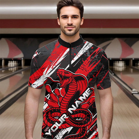 Custom Black And Red Cobra Snake Bowling Jerseys, Bowling Team Quarter-Zip Shirts For Men IPHW8580
