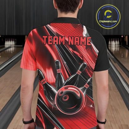 Back view of a male model in a black and red bowling polo shirt showcasing dynamic bowling artwork and motion effects.