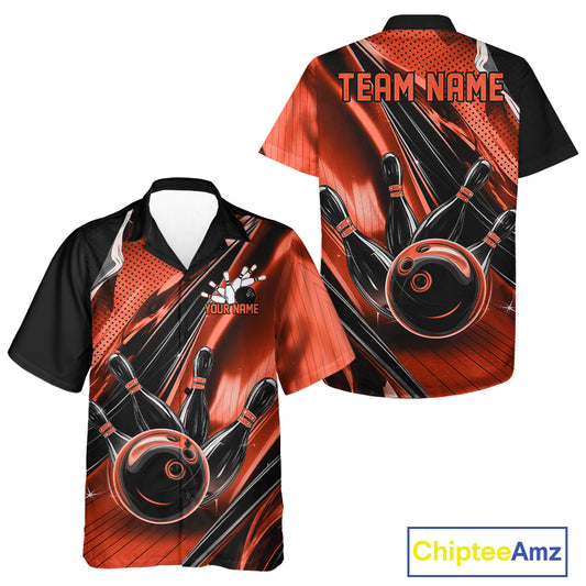 Front and back views of a black and orange button-up bowling shirt featuring bowling strike graphics accented by fast-moving speed streaks.