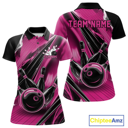 Front and back views of a black and pink womens bowling polo shirt featuring a bowling ball striking pins with dynamic speed streaks.
