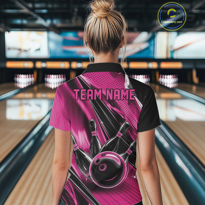 Back view of a female model in a black and pink bowling polo shirt showcasing motion streak bowling artwork.