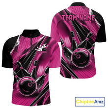 Load image into Gallery viewer, Custom Black And Pink Bowling Jerseys For Men, Bowling Team Quarter-Zip Shirts With Name IPHW10968