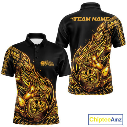 Front and back views of a black and gold mens bowling polo shirt featuring bowling graphics with flowing tribal flames and Polynesian styling.