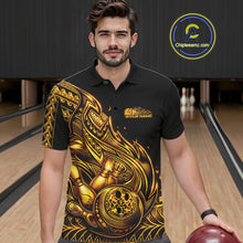 Load image into Gallery viewer, Custom Black And Gold Tribal Flame Bowling Men Polo Shirts, Polynesian Bowler Outfit IPHW10973