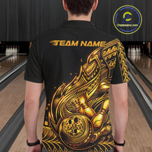 Load image into Gallery viewer, Custom Black And Gold Tribal Flame Bowling Men Polo Shirts, Polynesian Bowler Outfit IPHW10973