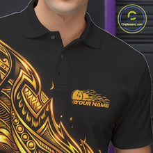 Load image into Gallery viewer, Custom Black And Gold Tribal Flame Bowling Men Polo Shirts, Polynesian Bowler Outfit IPHW10973