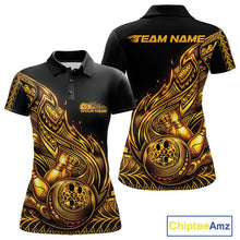 Load image into Gallery viewer, Custom Black And Gold Tribal Flame Bowling Women Polo Shirts, Polynesian Bowler Outfit IPHW10973