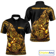 Load image into Gallery viewer, Custom Black And Gold Tribal Flame Bowling Men Polo Shirts, Polynesian Bowler Outfit IPHW10973
