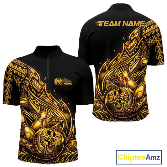 Front and back views of a black and gold mens bowling quarter-zip shirt featuring bowling pins and a ball with flowing tribal flame accents.