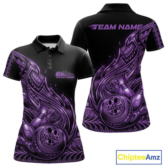 Front and back views of a black and purple womens bowling polo shirt showcasing bowling artwork with flowing tribal flame details.