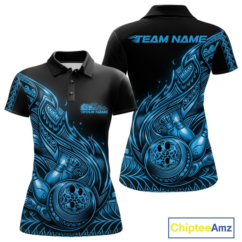Front and back views of a black and blue womens bowling polo shirt with bowling pins and a ball surrounded by flowing tribal flames.