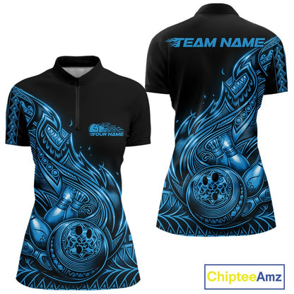 Front and back views of a black and blue womens bowling quarter-zip shirt with bowling pins and ball surrounded by flowing tribal flames.
