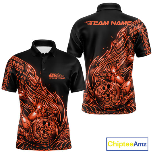 Front and back views of a black and orange mens bowling polo shirt featuring bowling ball and pin graphics with flowing tribal flames in a Polynesian style.