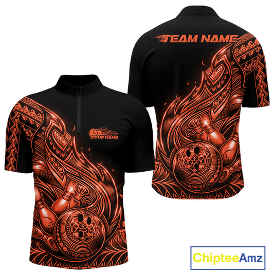Front and back views of a black and orange mens bowling quarter-zip shirt featuring bowling ball and pins with flowing tribal flame artwork.