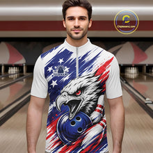 Load image into Gallery viewer, Man wearing a bowling shirt with an eagle and American flag design in a bowling alley.