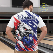 Load image into Gallery viewer, Man wearing a bowling shirt with an eagle design and 'TEAM NAME' text in a bowling alley.
