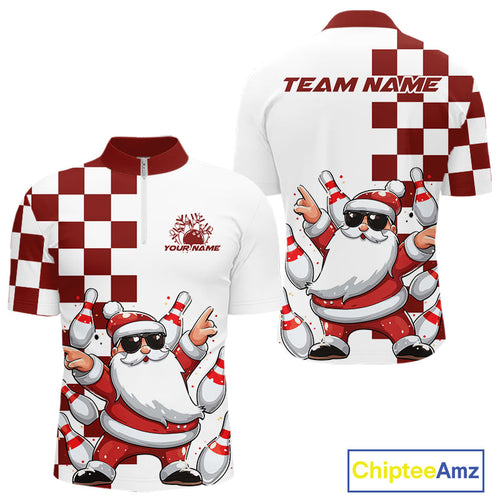 Custom Funny Santa Claus Christmas Bowling Men Quarter-Zip Shirts, Xmas Bowling Team Shirt IPHW10110