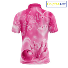 Load image into Gallery viewer, Custom Pink Valentine Bowling Couple Shirts, Pink Heart Theme Bowling Jerseys With His Name And Her Name IPHW10472