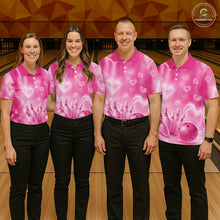 Load image into Gallery viewer, Custom Pink Valentine Bowling Couple Shirts, Pink Heart Theme Bowling Jerseys With His Name And Her Name IPHW10472
