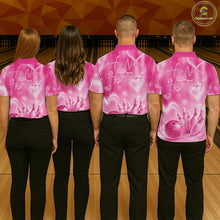 Load image into Gallery viewer, Custom Pink Valentine Bowling Couple Shirts, Pink Heart Theme Bowling Jerseys With His Name And Her Name IPHW10472