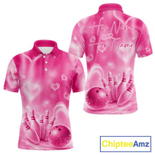 Load image into Gallery viewer, Custom Pink Valentine Bowling Couple Shirts, Pink Heart Theme Bowling Jerseys With His Name And Her Name IPHW10472