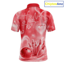 Load image into Gallery viewer, Custom Red Valentine Bowling Couple Shirts, Red Heart Theme Bowling Jerseys With His Name And Her Name IPHW10473